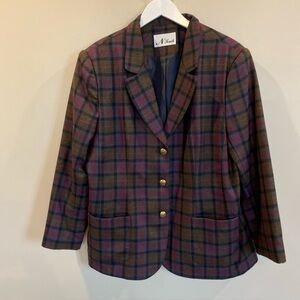 N Touch Plaid Wool Blazer Jacket Womens Size 16 Gold Buttons Pockets Vintage